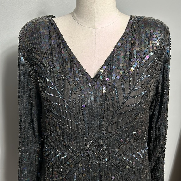 Vintage Silk Sequeen Black Midi Dress with Silk Lining w Slit Made in India M- L - Picture 16 of 17